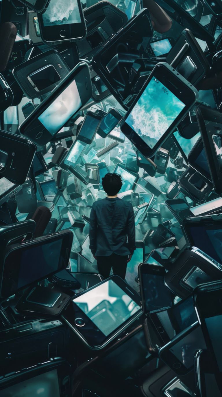 Person surrounded by technology and feeling overwhelmed
