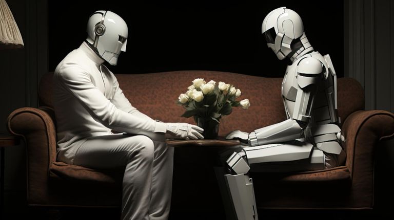 Two robots exchanging flowers