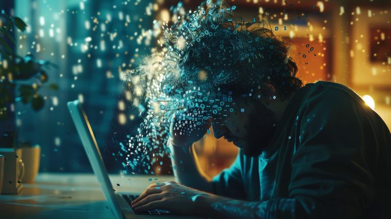 Person suffering from technology addiction and cybersickness
