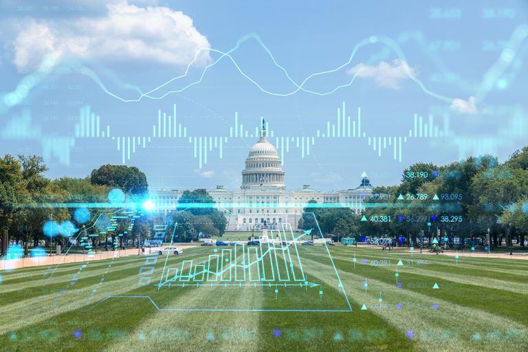 THe united states capitol with graphs and data charts overlaid.