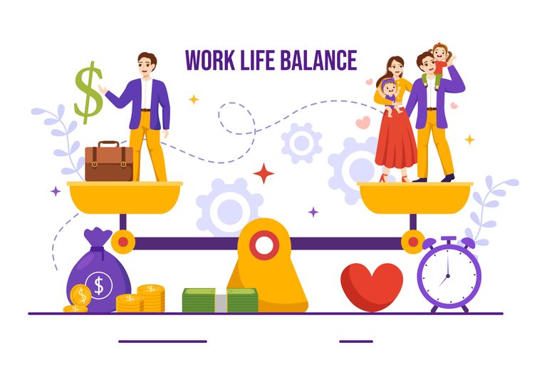 An illustration that shows people standing on a scale showing work life balance. There are various items around them, money, heart, children, and a clock.