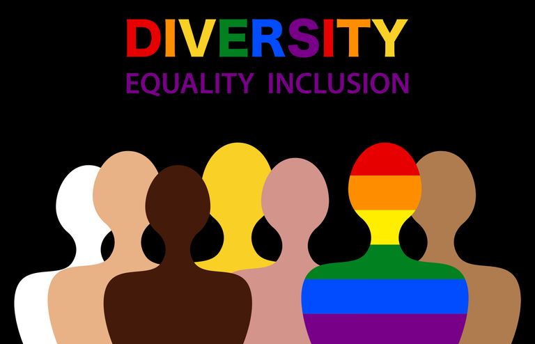 silhouettes of various people filled in with multiple skin ones and rainbow colors. The texet Diversity equality inclusion are at the top in rainbow colors.