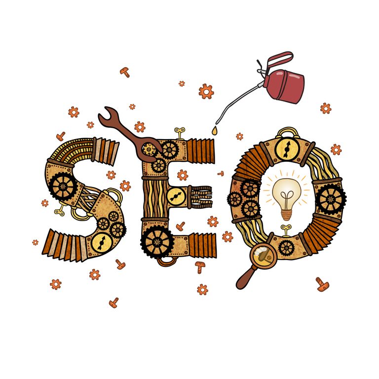 The letters S.E.O made o=up of illustrated cogs and gears.
