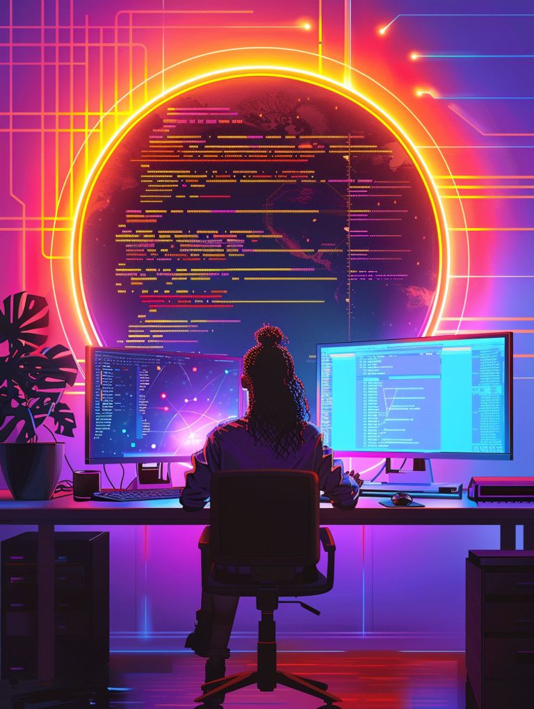 Cyber security experts working with tech devices and neon lights