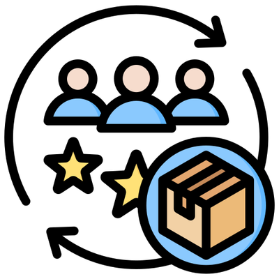  Illustration depicting quality assurance with abstract elements, including stars, a shipping box, and people, symbolizing thorough testing and quality control processes.