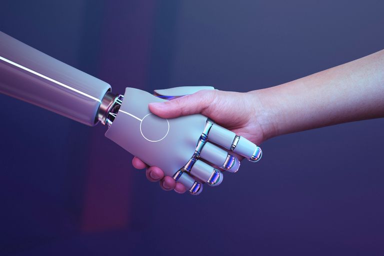 Robot handshake human background, futuristic digital age.