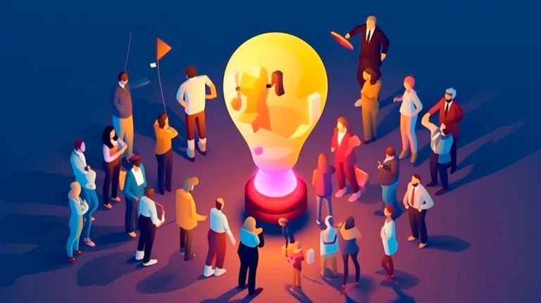 Business illustration small people characters develop creative business idea Isometric big light bulb as metaphor idea Graphics design Generative AI