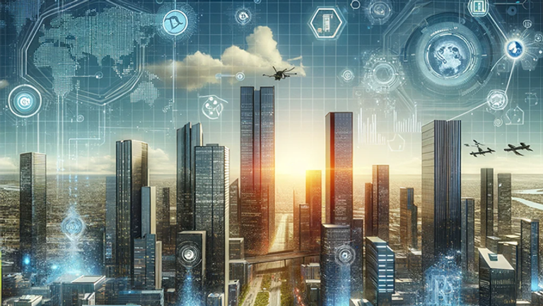 The image depicts a futuristic cityscape with towering skyscrapers and advanced technology. The city is illuminated by the setting sun, casting a warm glow on the buildings. Overlaid on the image are various technological icons and interfaces, suggesting a highly connected and digital environment. Drones are visible flying above the city, indicating advancements in transportation and surveillance. The overall scene conveys a vision of a modern, technologically advanced urban environment.