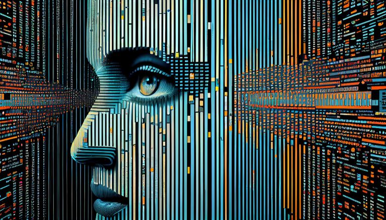 An illustration of a face made up of a bunch of lines and what looks like data streams and blocks of colors on a black background