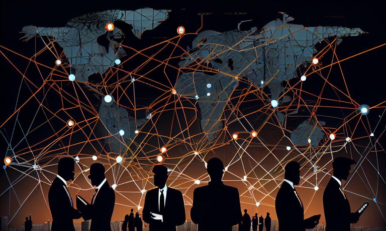 A global map with interconnected nodes, and the silhouettes of business people over it.