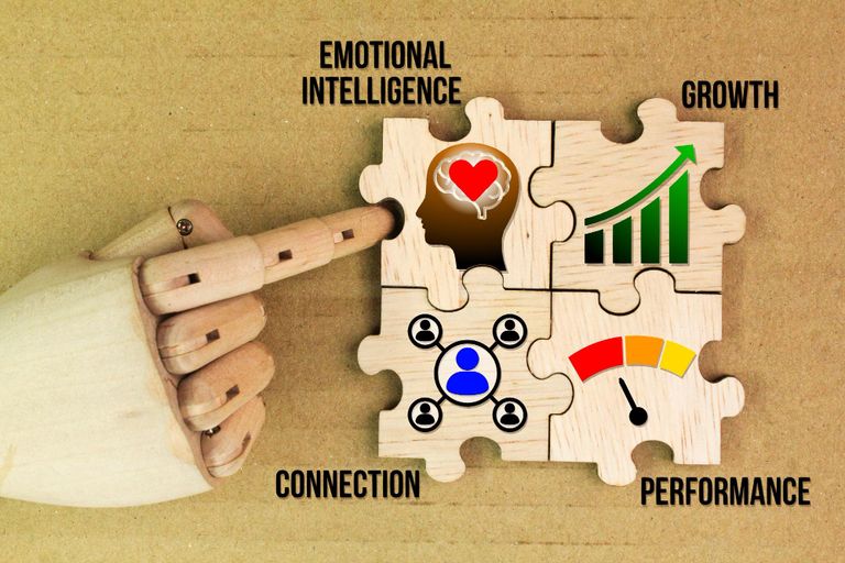 Wood hand pointing to a wood Puzzle representing the corrolation of emotional intelligence, connection, growth and performance