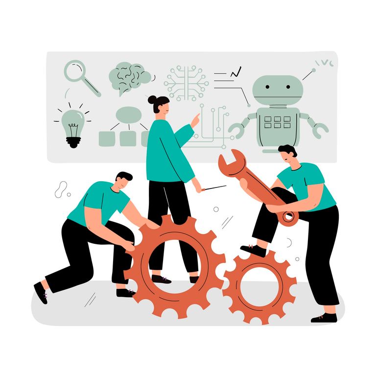 Illustration of people with giant gears and a wrench building a robot from a large plan drawn on the wall.