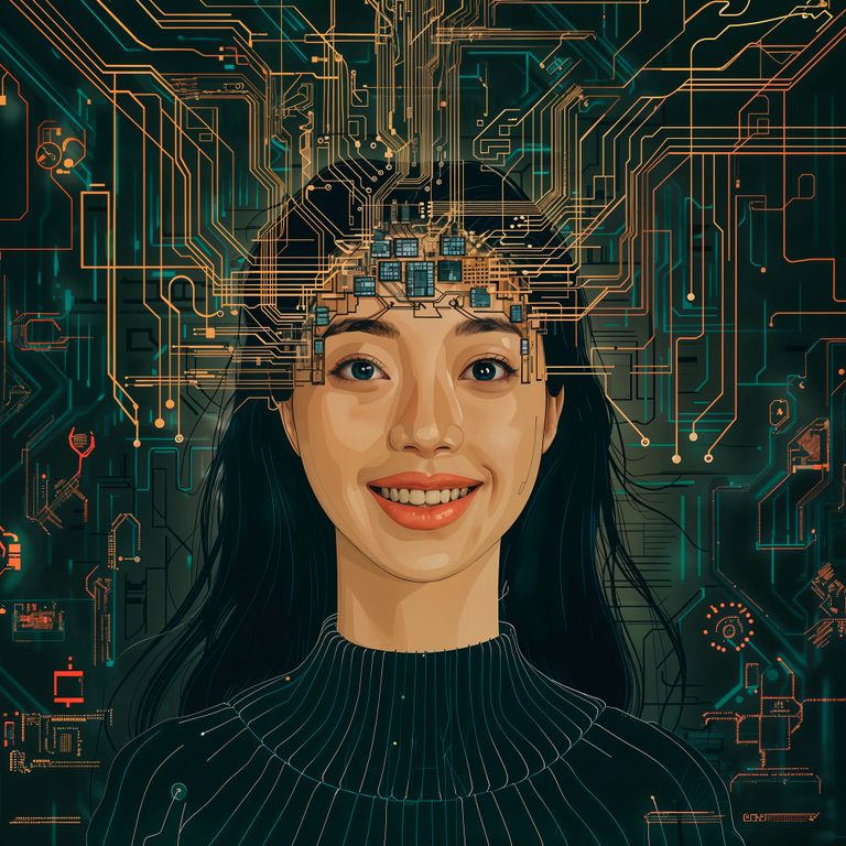 Digital art of ai technology background and a young women in front.
