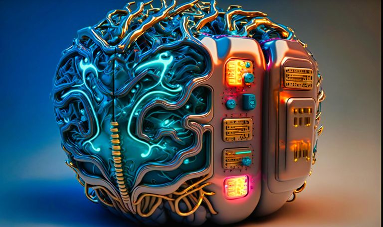 A robotic brain with lights and buttons