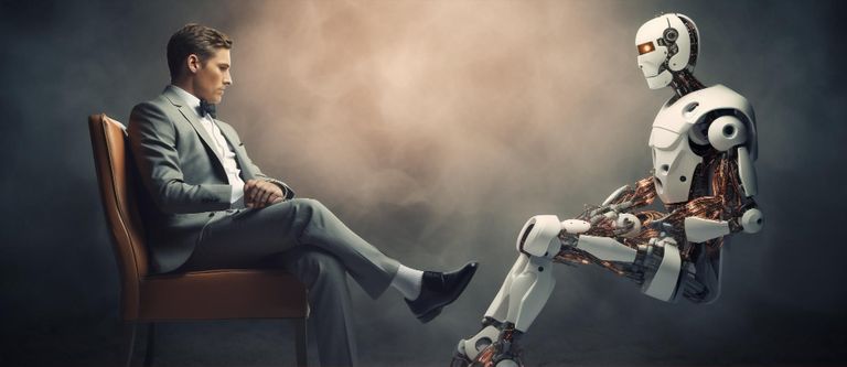 A human man sits opposite a robot representing the debate between human graphic designers and AI graphic creation