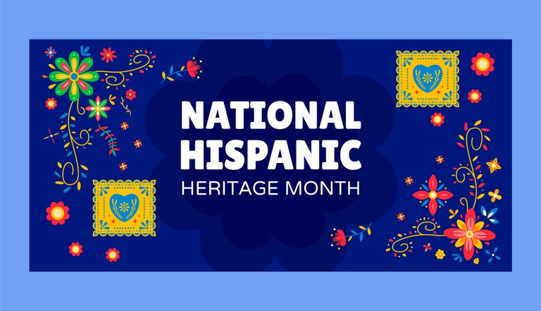 A floral design with the words National Hispanic Heritage Month in the center