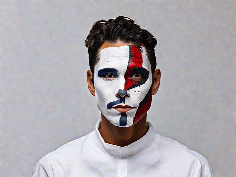 A man on grey background with white and black striped face make up