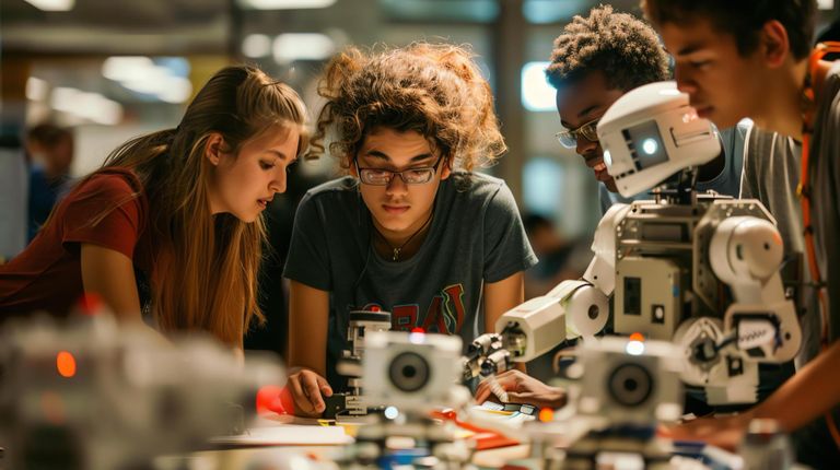 A team of young workers working on robots on a table.