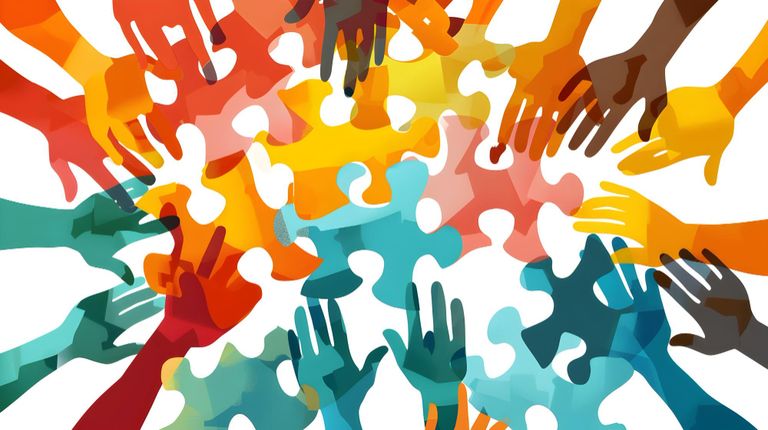 multi colored puzzle pieces and hand reachign into the middle of the puzzle pieces. 