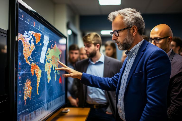 A politician in a suit looking at a tv screen with a map of the world.