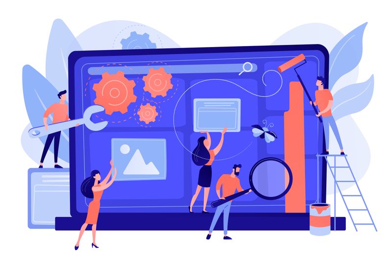 Illustration depicting a custom website design process, with abstract elements including a computer monitor displaying a website, with small peoiple manually putting into place the website design with wrenches and paint rollers, one person is holding a magnifying glass making sure everything  symbolizing the creation of tailored and unique websites.