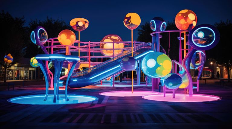 A kids playground lit up in a futuristic way with yellows and blues