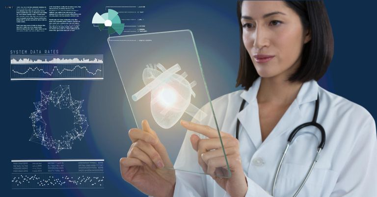 A female doctor holding a transparent tablet with the image of a heart on it.  To the side are charts and diagnostic information.