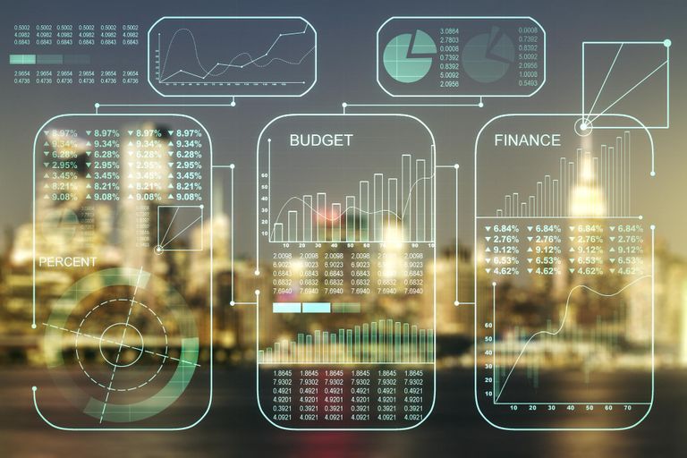 A blurred city skyline with graphs and charts floating over it denoting fp and a agility with data an dfinancial modeling. 