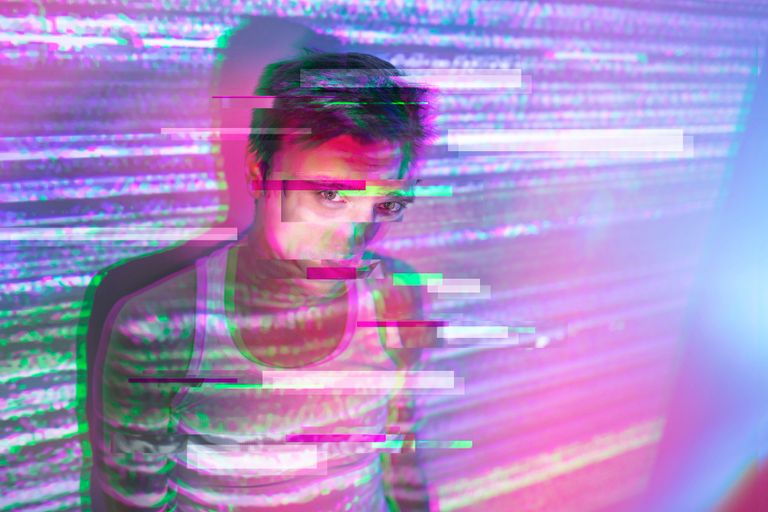 Portrait of handsome man in vaporwave style
