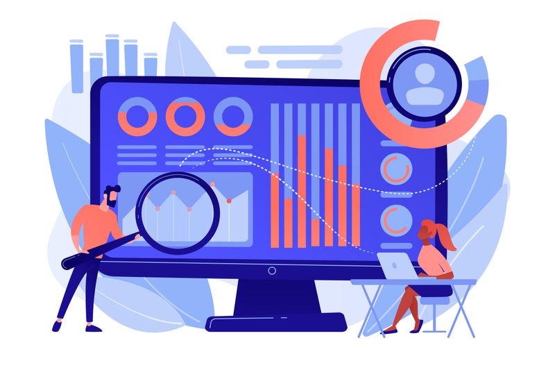 Illustration depicting data analytics with abstract elements, including charts, graphs, and a computer monitor displaying data visualizations, symbolizing the analysis and interpretation of data for actionable insights.