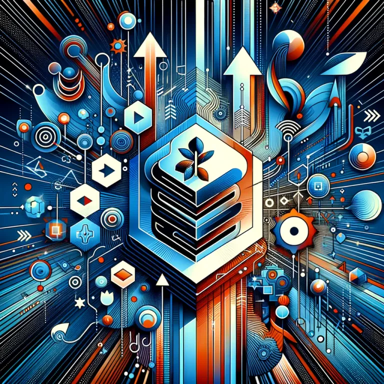 The image is a vibrant and dynamic illustration featuring a central geometric icon resembling a stacked structure with a floral or star-like symbol on top. The background is filled with an array of interconnected abstract shapes, lines, and patterns in a palette dominated by shades of blue, orange, and white. Various arrows, circles, and other geometric forms are scattered throughout, creating a sense of movement and complexity. The overall design evokes a sense of high-tech innovation, data flow, and interconnected systems.